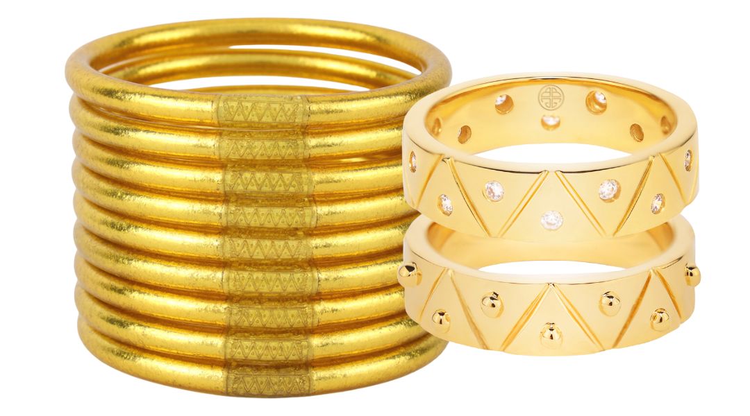 Gold All Weather Bangle Bracelets and Gold Feel and Light Serenity Rings | BuDhaGirl
