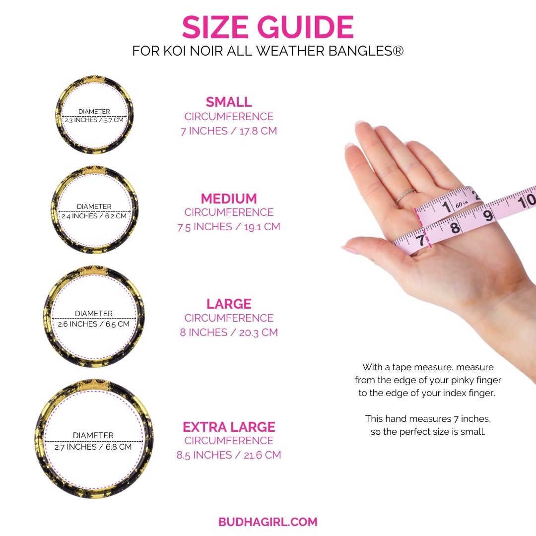 12.01.101.62.SM4,12.01.101.62.MD4,12.01.101.62.LG4,12.01.101.62.XL4, Size Guide for Koi Noir Black and Gold Foil All Weather Bangle Bracelets with BuDhaGirl Enamel Chop Logo Bead | BuDhaGirl