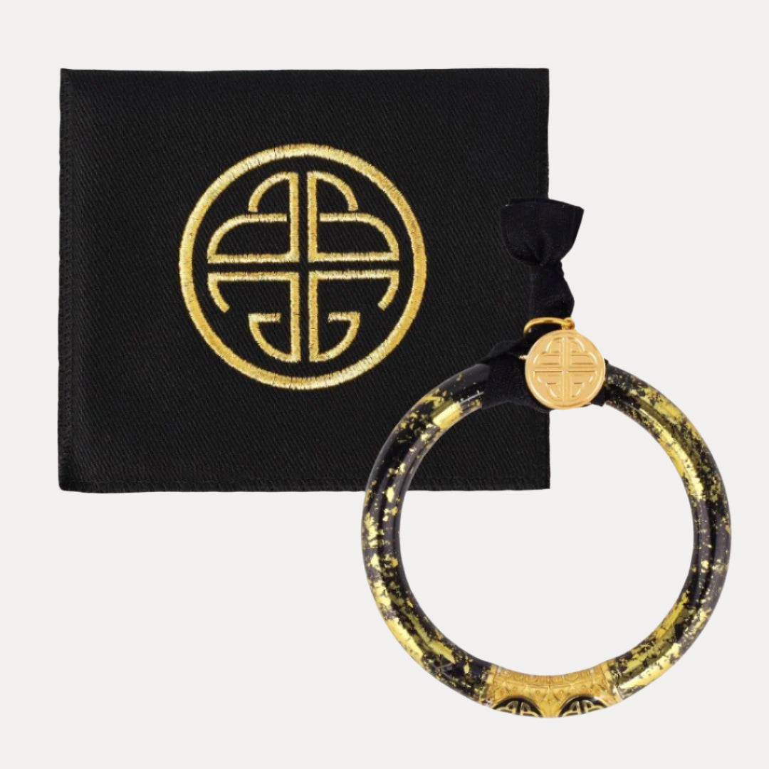 Koi Noir Tzubbie Black and Gold Foil All Weather Bangle Bracelets with BuDhaGirl Enamel Chop Logo Bead | BuDhaGirl