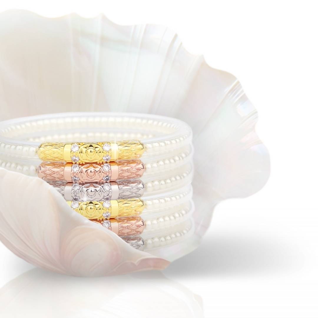 White Pearl Three Queens All Weather Bangle Bracelets Inside Shell | BuDhaGirl