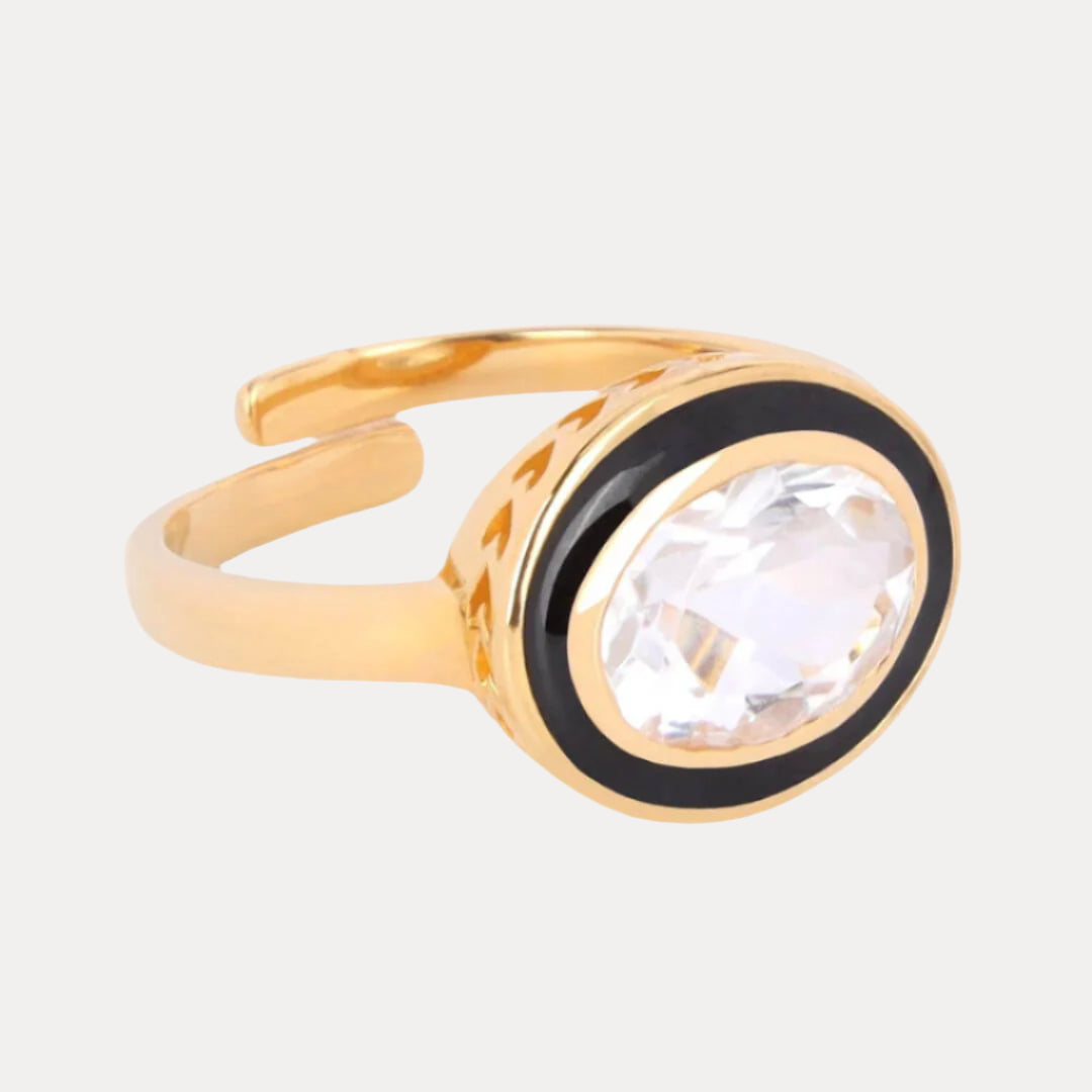 Black Clear Crystal Faceted Crystal Cabochon Orb Enamel Bezel Galaxy Ring | BuDhaGirl