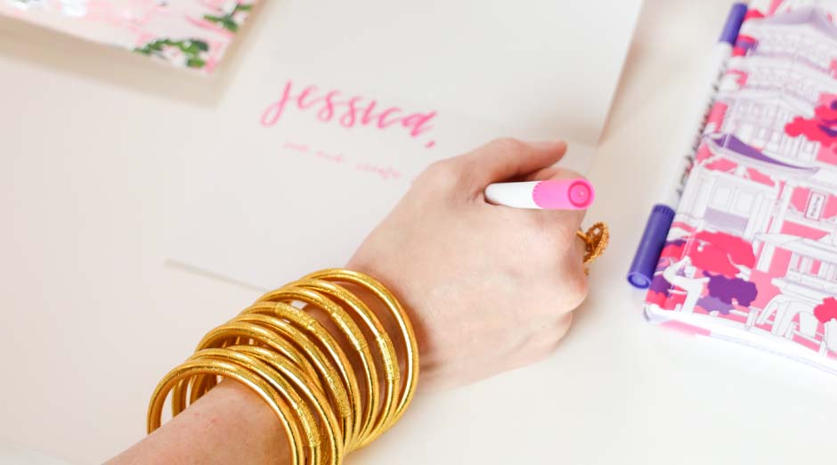 Image of BuDhaPaper, BuDhaPaper notepad, BuDhaPaper Notecards, Pink Marker, BuDhaGirl Gold All Weather Bangles | BuDhaBrief by BuDhaGirl 