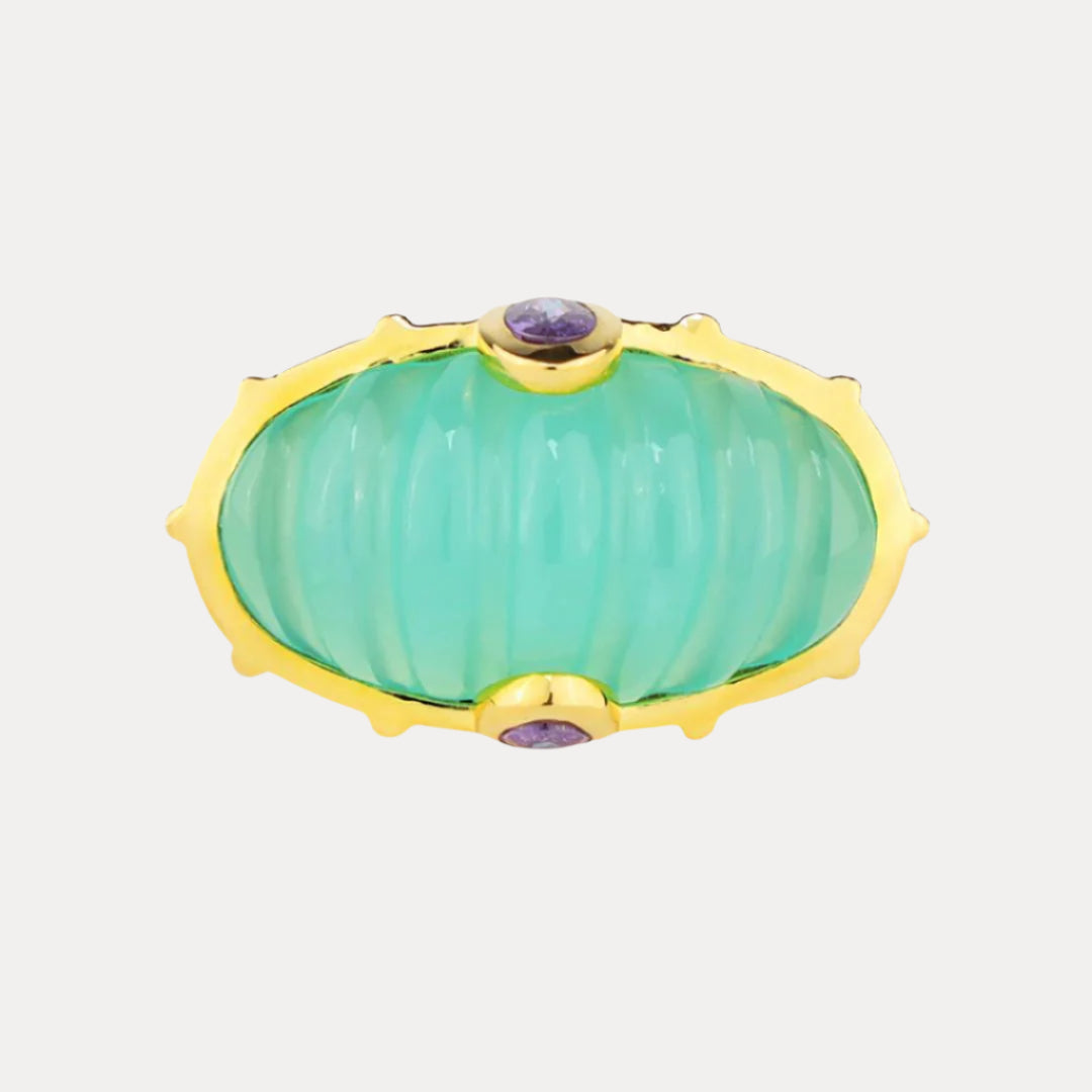 Aqua Chalcedony Resin Dome Gold Platted Brass Ring For Women