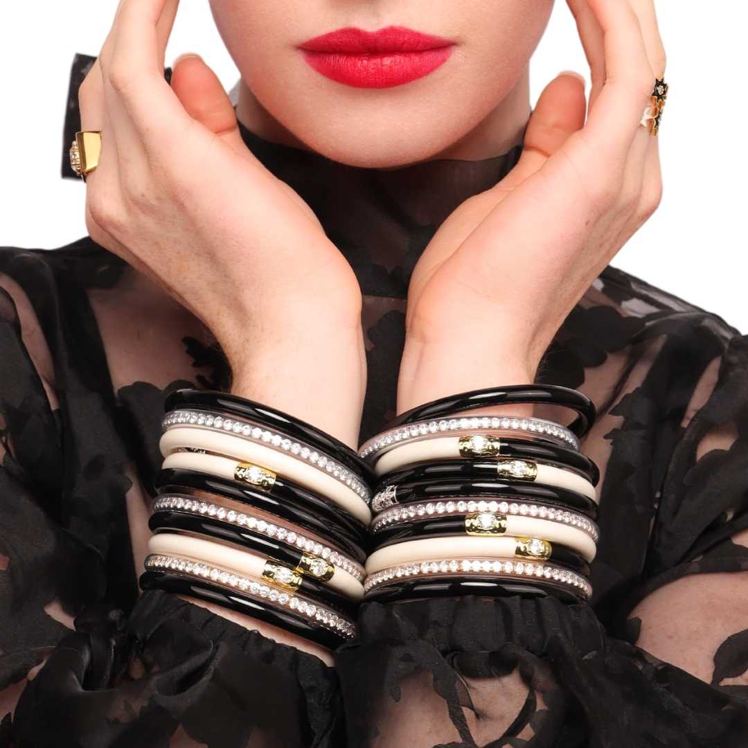 12.01.360.01.SM2, 12.01.360.01.MD2,12.01.360.01.LG2,12.01.360.01.XL2,Black/Ivory Yin & Yang All Weather Bangles® (AWB®) | Bangle Bracelets for Women | BuDhaGirl