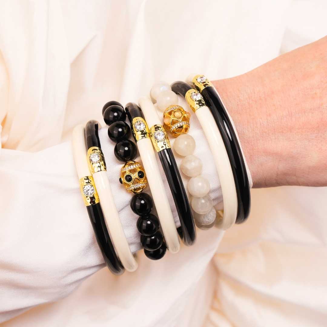 12.01.360.01.SM2, 12.01.360.01.MD2,12.01.360.01.LG2,12.01.360.01.XL2,Black/Ivory Yin & Yang All Weather Bangles® (AWB®) | Bangle Bracelets for Women | BuDhaGirl