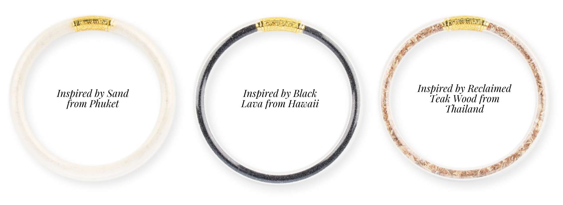 Earth All Weather Bangle Bracelets filled with Sand from Phuket, Black Lava from Hawaii, and Reclaimed Teak Wood from Thailand | BuDhaGirl