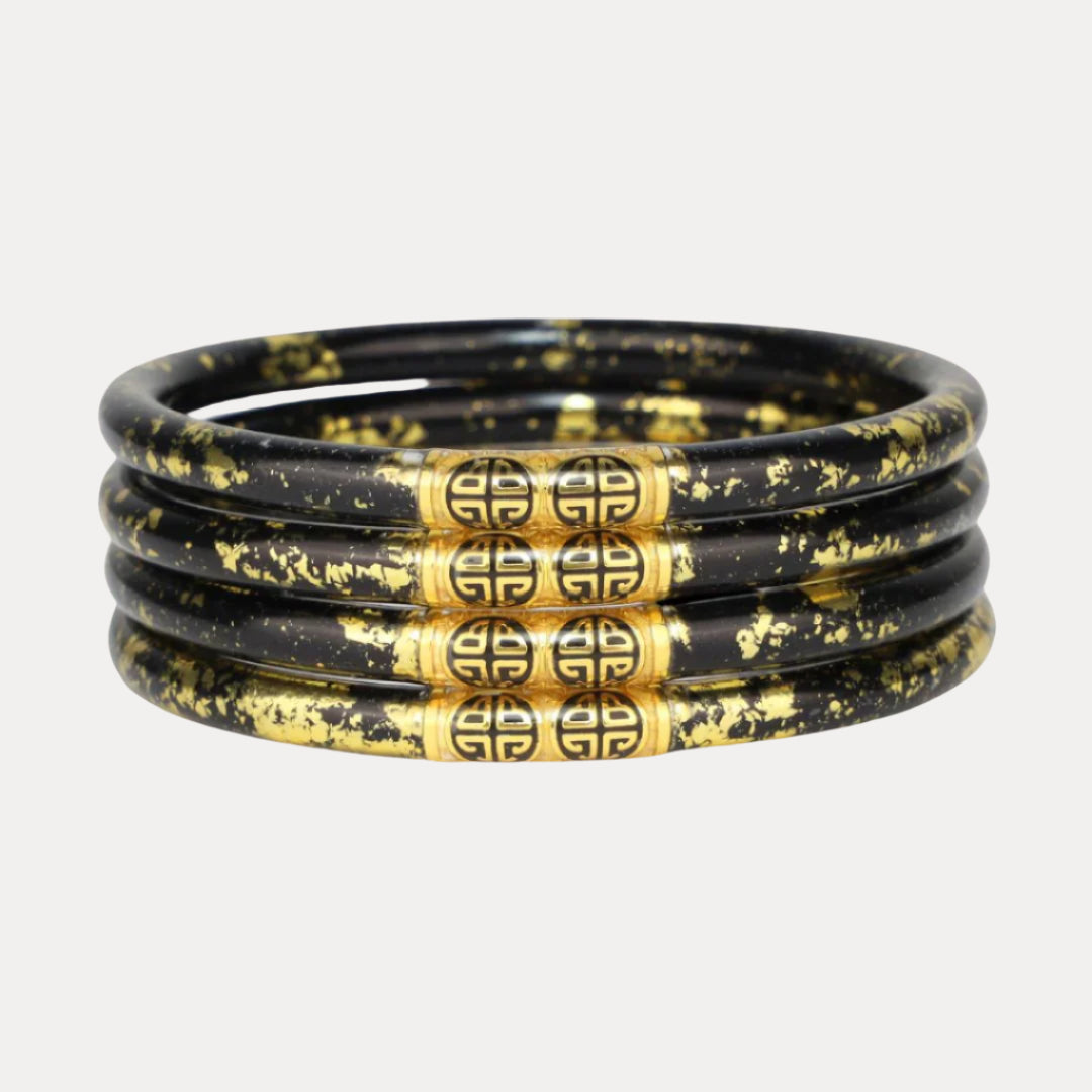 12.01.101.62.SM4,12.01.101.62.MD4,12.01.101.62.LG4,12.01.101.62.XL4, Koi Noir Black and Gold Foil All Weather Bangle Bracelets with BuDhaGirl Enamel Chop Logo Bead | BuDhaGirl