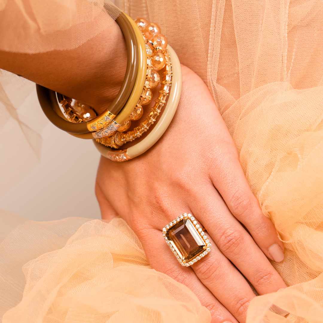 Celeste Beaded Bracelet | Citrine Aurora Bracelet | Topaz with White Crystals Nebula Ring | Oro Ombre Three Kings All Weather Bangles | BuDhaGirl