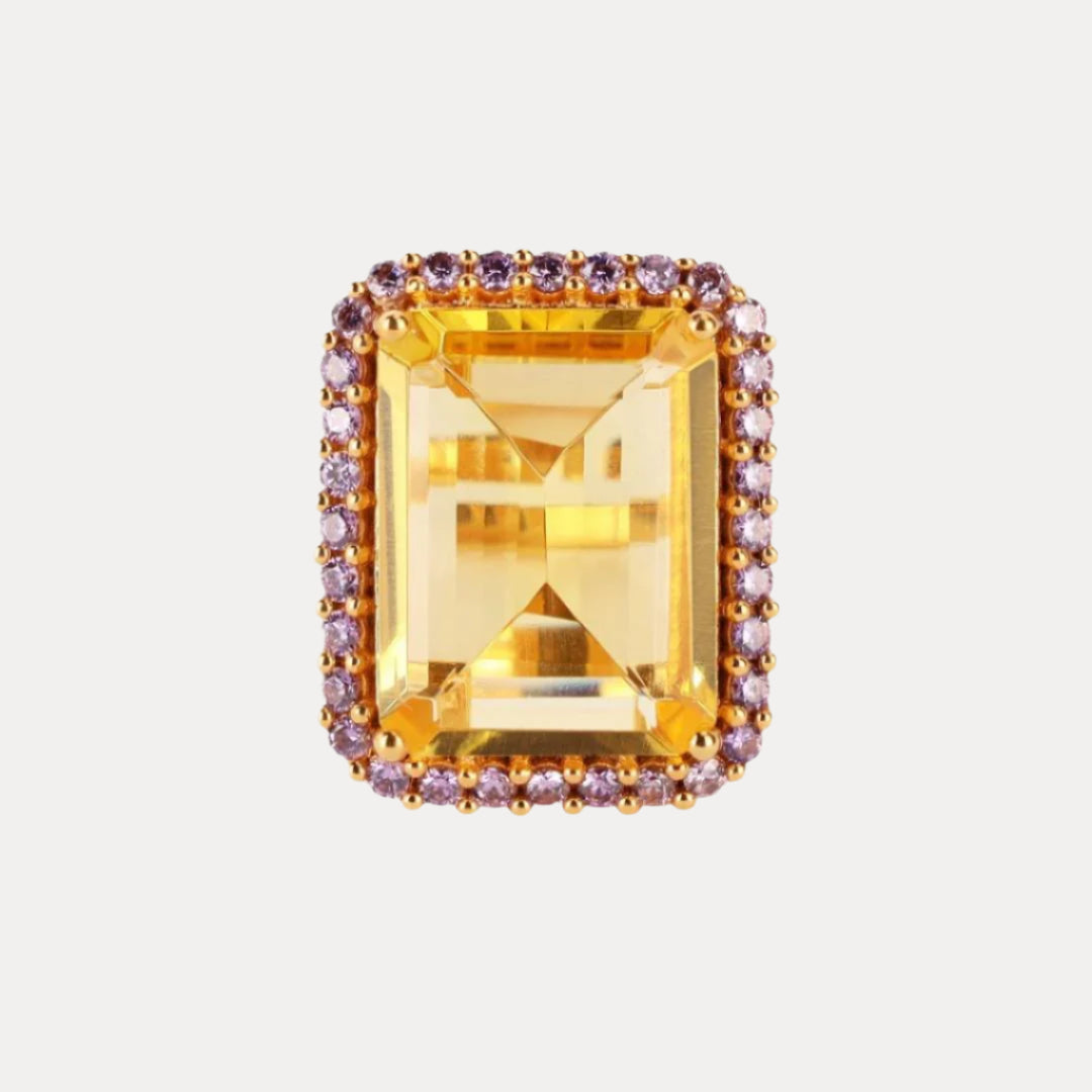 Citrine with Amethyst Crystal Faceted Crystal Cabochon With Gemstones - Nebula Ring | BuDhaGirl