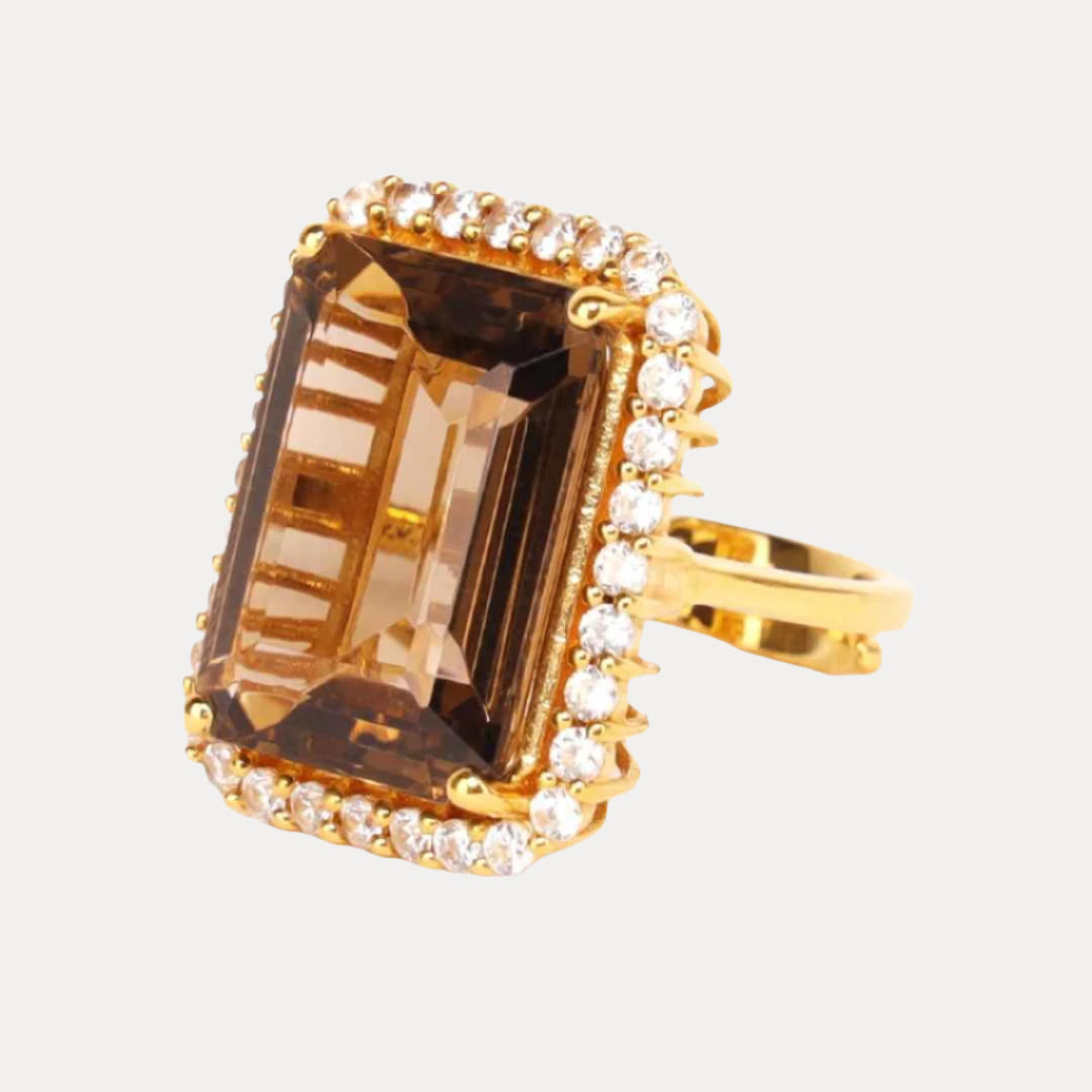 Smokey Topaz with Quartz Faceted Crystal Cabochon With Gemstones - Nebula Ring | BuDhaGirl